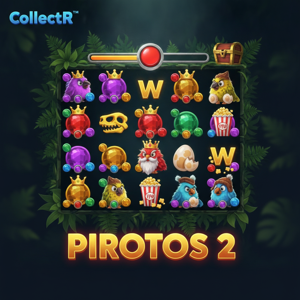 PIROTS 2 slot game featuring four collecting birds on expandable 6x6 grid with amber gems, red DON'T PRESS button, treasure chest, and prehistoric jungle background