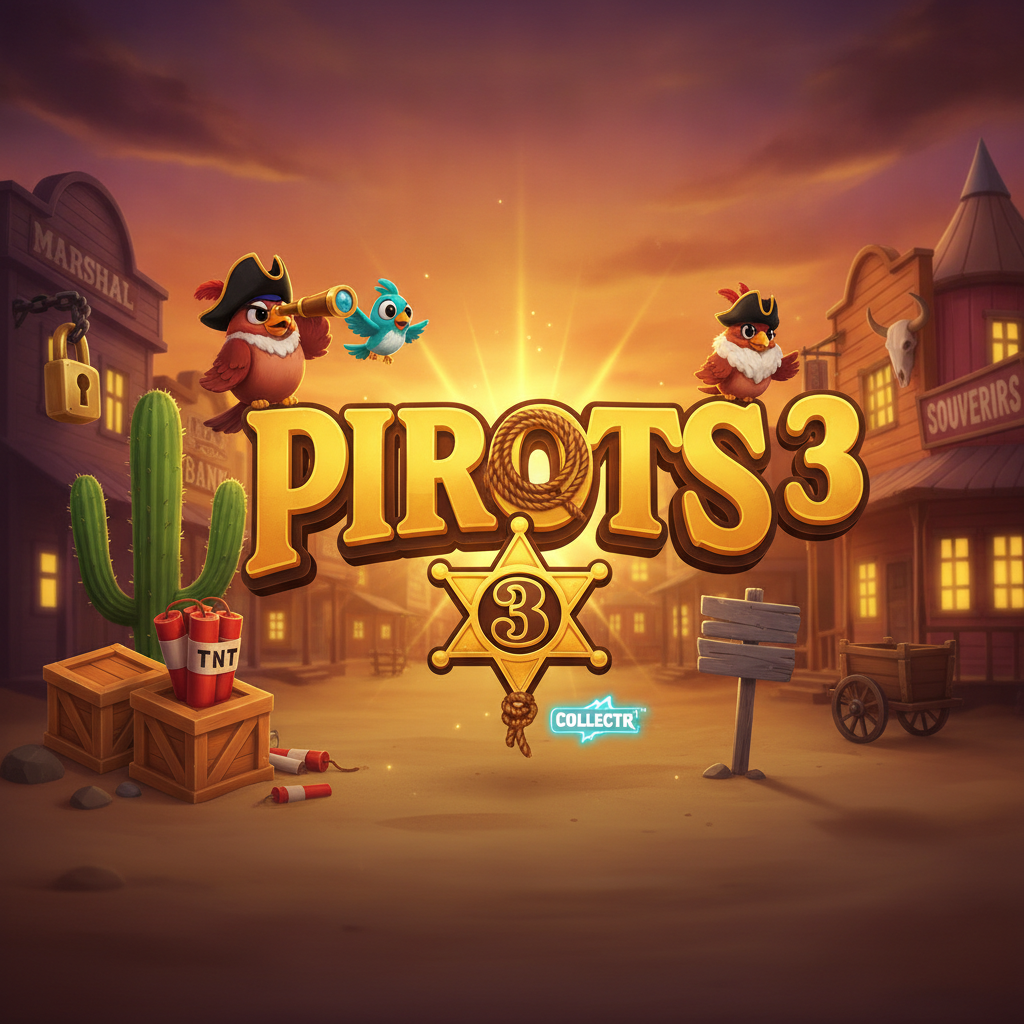 PIROTS 3 slot game showing Western desert town at sunset with pirate bird characters, golden logo with lasso, sheriff star badge with number 3, TNT dynamite crates, saguaro cactus, and cage with bandit bird
