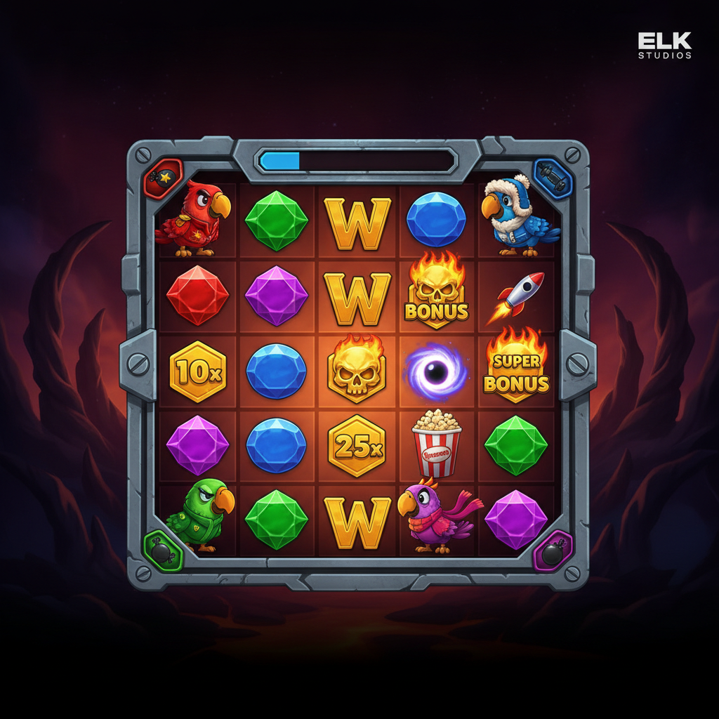 Pirots 4 slot game featuring four cartoon parrot space pirates in colorful outfits on a metallic space station grid with golden skull bonus symbols, swirling black hole vortex, and red rocket against alien planet landscape