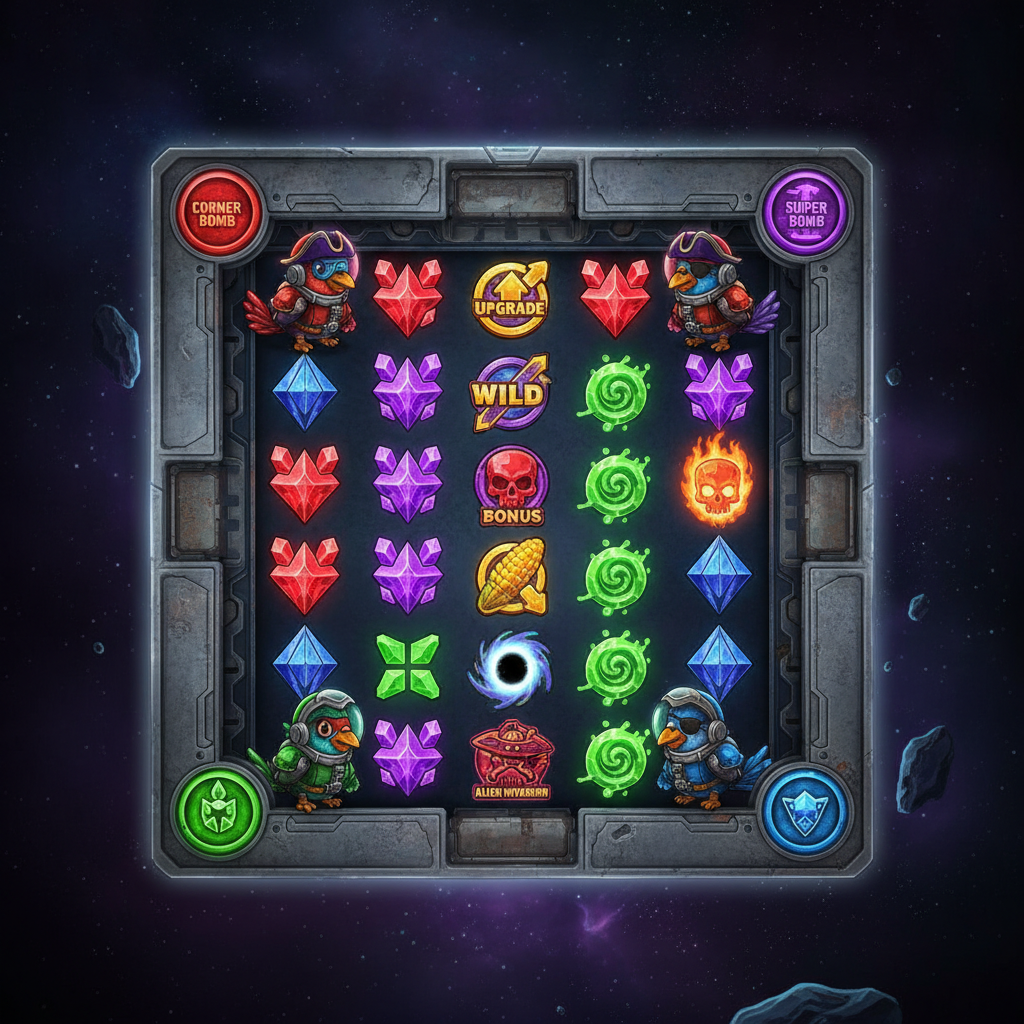 Pirots 4 slot game featuring metallic space station with four collector birds in red, purple, green, and blue space suits surrounded by cosmic gems and asteroids