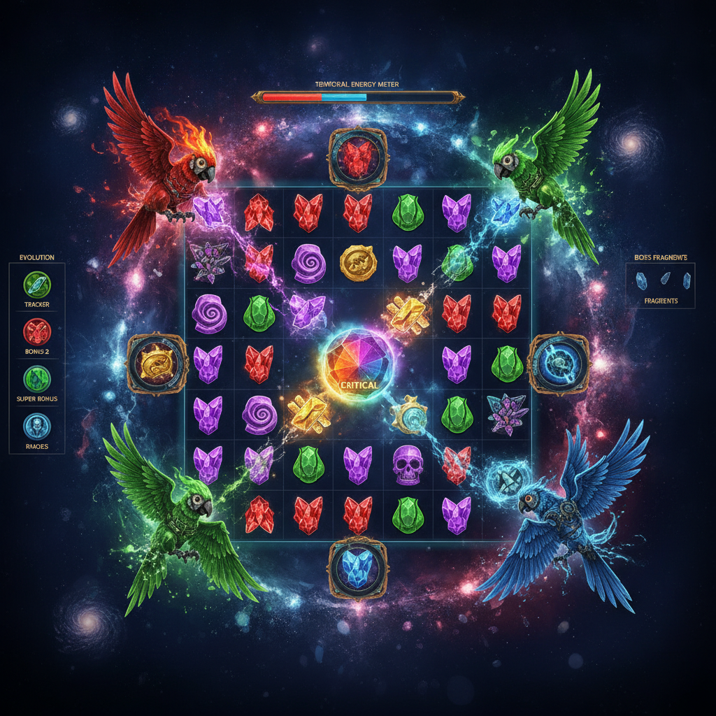 Pirots 5 The Rift of Eternity slot featuring four chrono birds in a collapsing dimensional rift with crystalline symbols and reality core