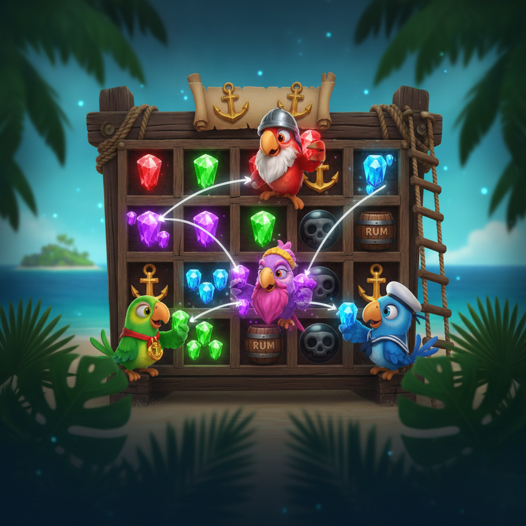Pirots slot game featuring four colorful cartoon parrots on a tropical island with wooden game grid, vibrant crystals, golden anchors, and RUM barrels
