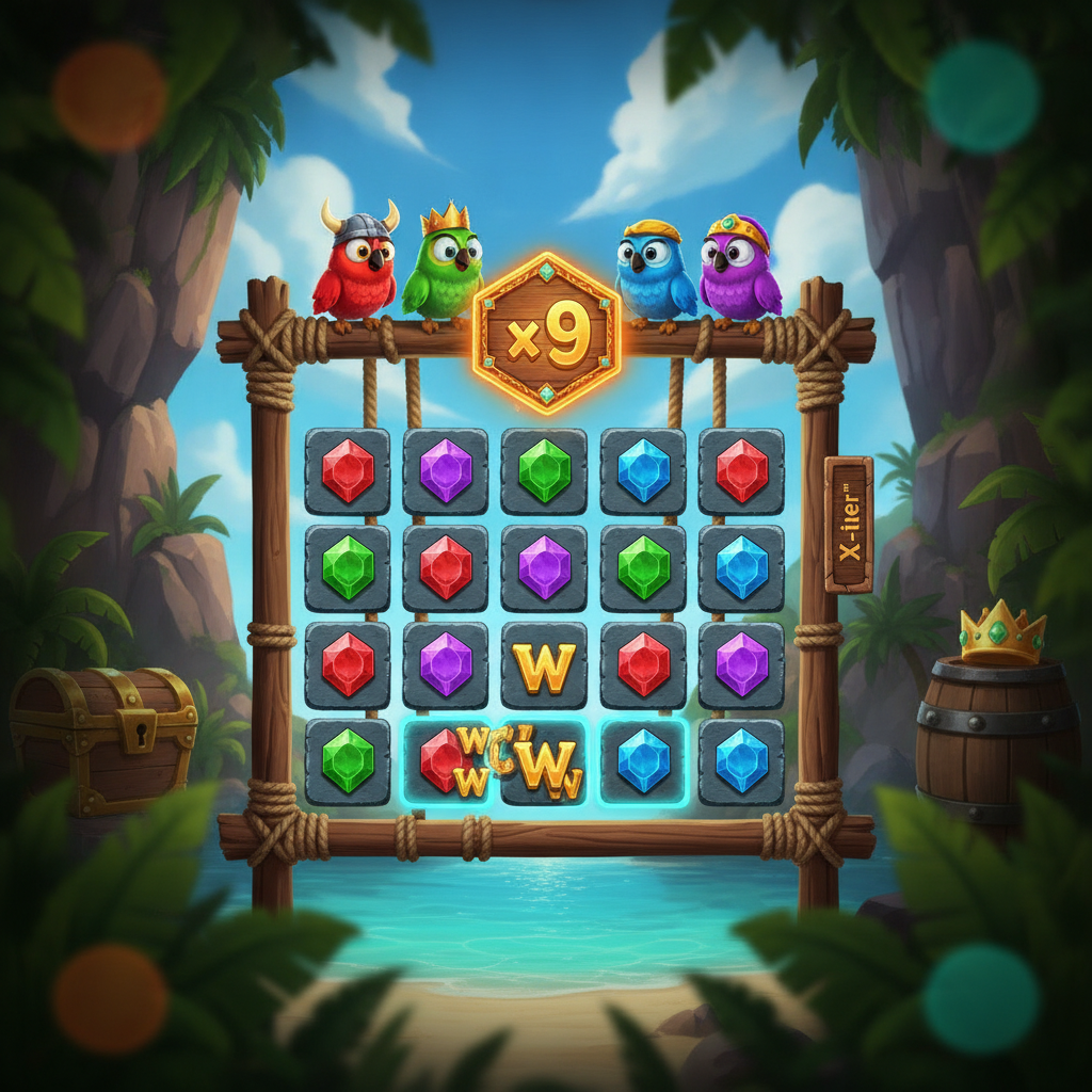 Pirots X slot game featuring four colorful pirate parrots with golden helmets and crowns, wooden game grid with rope frame, tropical island background with treasure chest and barrels, red purple green and blue gem symbols
